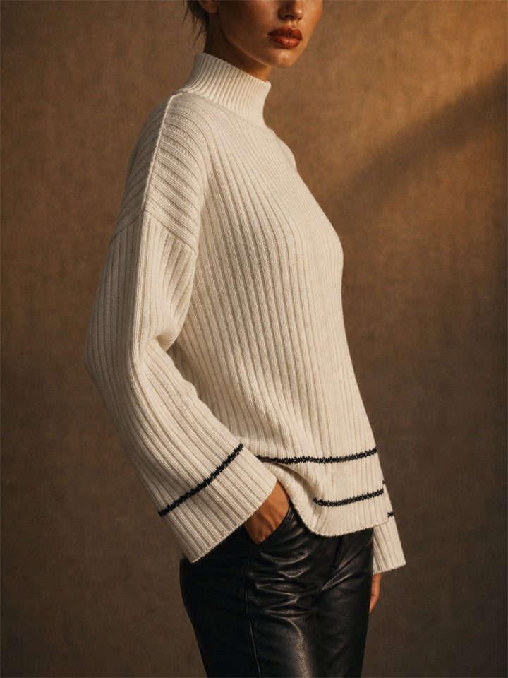 Women Mock Neck Ribbed Knit Sweater with Stripe Detail