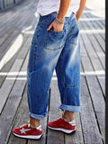 Women's Blue Loose Fit Casual Utility Cropped Denim Pants with Pockets