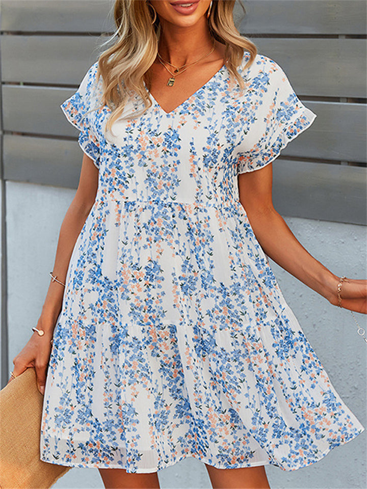 Women's Summer Printed Chiffon V Neck Ruffled Sleeve Dress