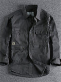 Men's Retro Distressed Solid Color Long Sleeve Cargo Shirts