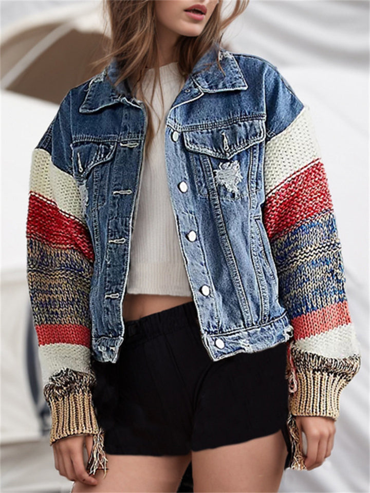 Trendy Contrast Color Knitted Sleeve Denim Patchwork Jacket for Women