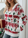 Women's Autumn Christmas Element Printed Fleece Long Sleeve Hooded Coat