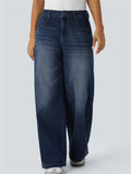 Women's Distressed Whisker Mid-Waist Wide Leg Denim Pants