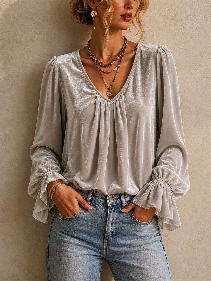 Womens Elegant Velvet V Neck Ruffle Flare Sleeve Blouse