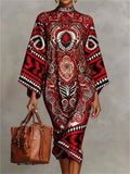 ‌Women's Elegant Ethnic Style Long Sleeve Paisley Print High Neck Dress‌