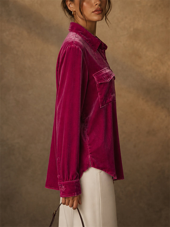 Women Velvet Long Sleeve Button Down Shirt With Pockets