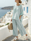 Women's 2pcs Summer Casual Stripe Short Sleeve Top & Pants Set