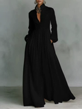 Women Spring Breathable Elegant Buttons Pleated Long Sleeve Maxi Dress