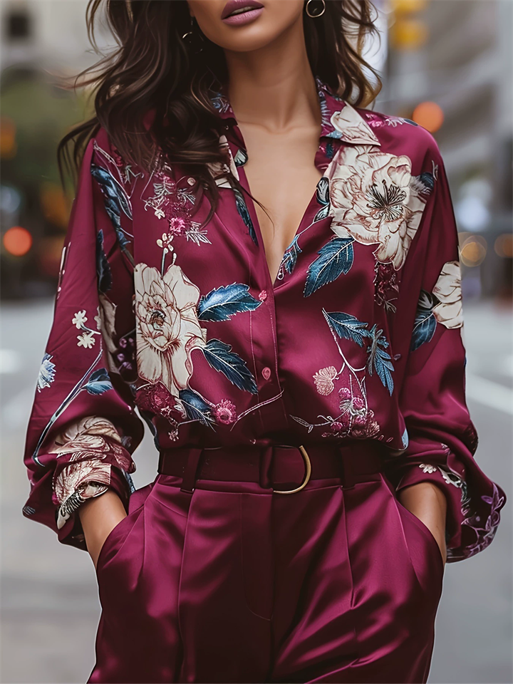 Women's Wine Red Vintage Elegant Floral Print Slim Fit Office Casual Blouses