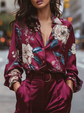 Women's Wine Red Vintage Elegant Floral Print Slim Fit Office Casual Blouses