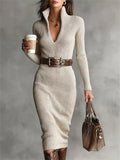 Women's Half Zipper V Neck Pit Stripe Slim Fit Long Sleeve Dresses