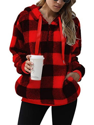 Ladies Fluffy Plaid Oversized Hoodies with Pockets