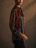 Women Vintage Floral Print Long Sleeve Button Down Blouse