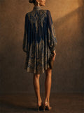 Women Gold Paisley Print Chiffon Lantern Sleeve Mini Dress