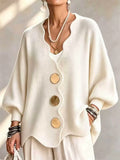 Women Oversized V Neck Knit Cardigan Gold Button Batwing Sweater