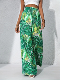 Women's Holiday Style Leaves Printed Chiffon High Waist Wide Leg Pants