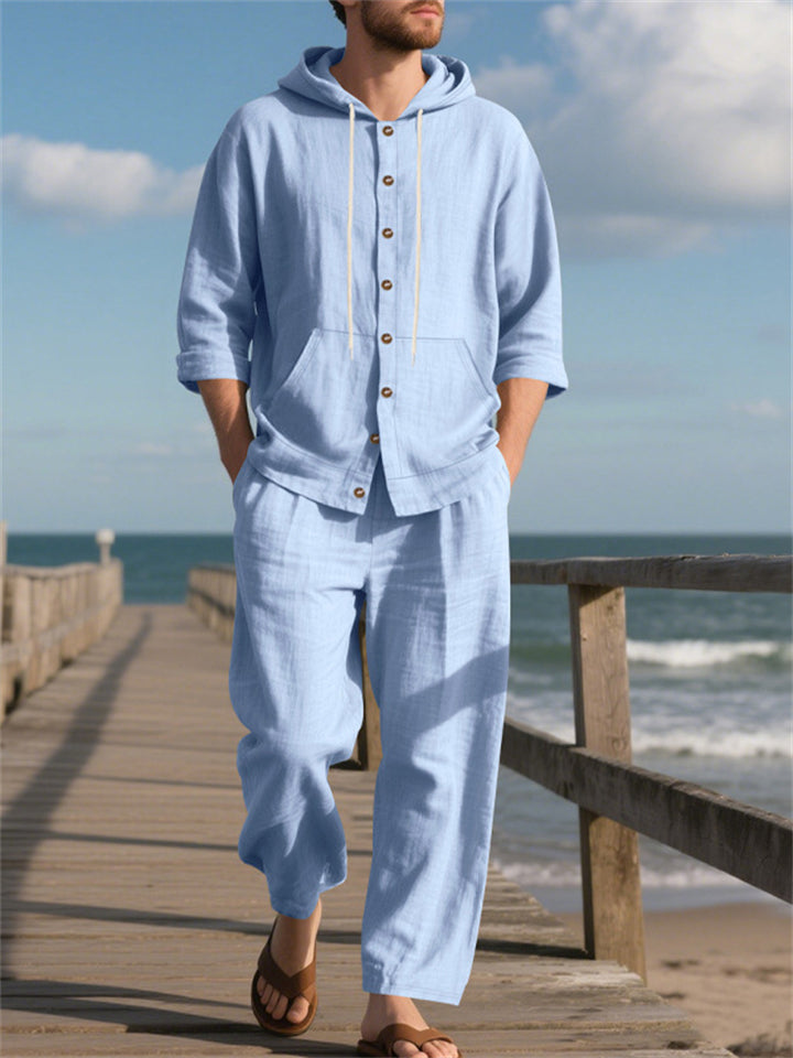 Men's Casual Solid Color Linen Button Up Long Sleeve Hoodie Outfit