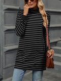 Autumn Slim Fit Long Sleeve High Collar Stripe Shirt for Women