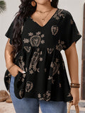 Plus Size Women's Summer Print V Neck Big Hem Short Sleeve Shirt