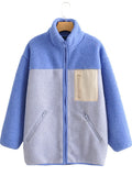 Women's Trendy Contrast Color Simple Zip Up Fleece Coat