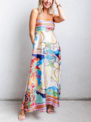 Women's Holiday Style Print High Waist Big Hem Strap Dress