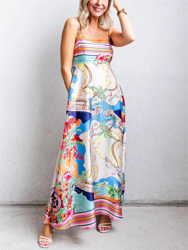 Women's Holiday Style Print High Waist Big Hem Strap Dress