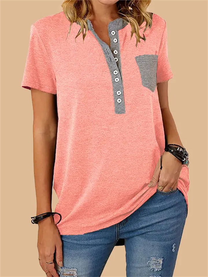 Stylish Patchwork Pocket Button T-shirt for Ladies