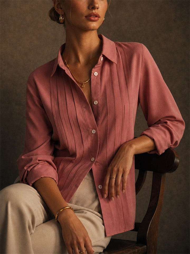 Womens Pink Long Sleeve Pintuck Pleated Button Down Blouse