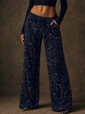 Women Simple Sequin Wide Leg Pants High Waist Party Trousers