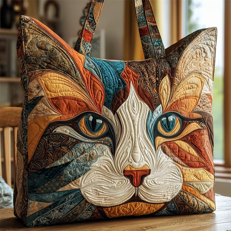 ‌Quilted Cat Face Patchwork Canvas Tote Bag