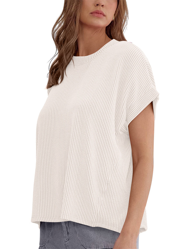 Women's Summer Solid Color Stripe Round Neck T-Shirt
