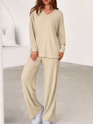 Women's Autumn V Neck Drop Shoulder Long Sleeve Loose Solid Color Outfit