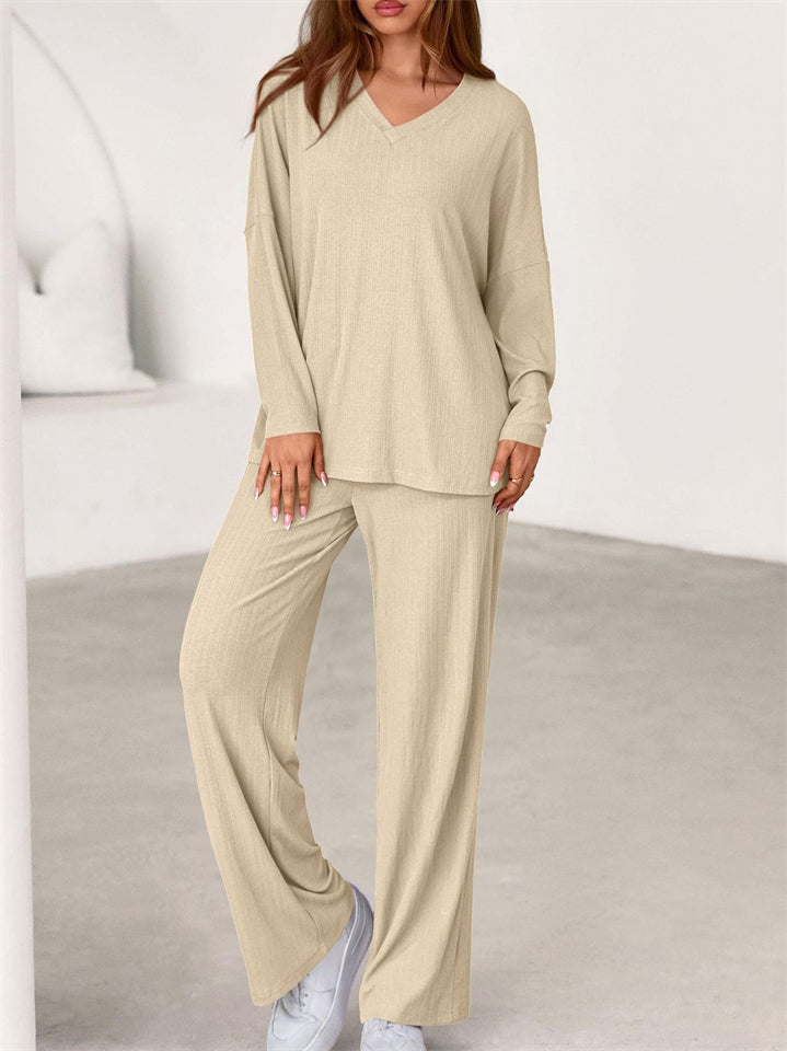 Women's Autumn V Neck Drop Shoulder Long Sleeve Loose Solid Color Outfit