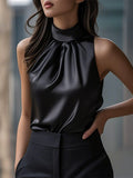 Women's Summer Chic Satin Black Semi High Neck Slim Halter Top