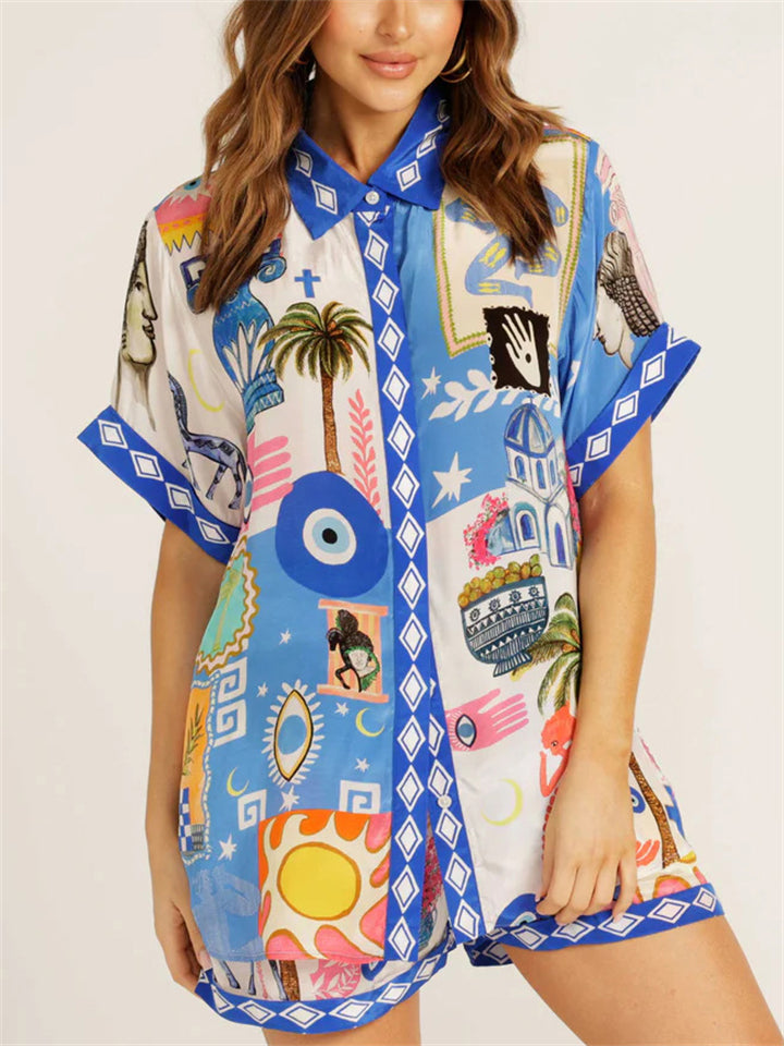 Women's 2pcs Casual Cartoon Print Short Sleeve Shirt & Pants Set
