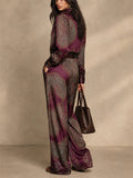 Women Two Piece Paisley Satin Shirt and Wide Leg Pants Outfit