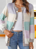Women's Contrast Color Button Up Round Neck Cardigan Sweater