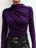 ‌Women's Elegant Pleated Slim Fit High-Neck Ruched Long Sleeve Shirts