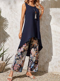 Women's Leisure Dark Blue Sleeveless Shirt + Paisley Print Pants