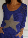 Contrast Color Round Neck 3/4 Sleeve Hollow Sweater for Women