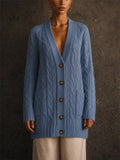Women Long Cable Knit Button Down Cardigan Sweater with Pockets