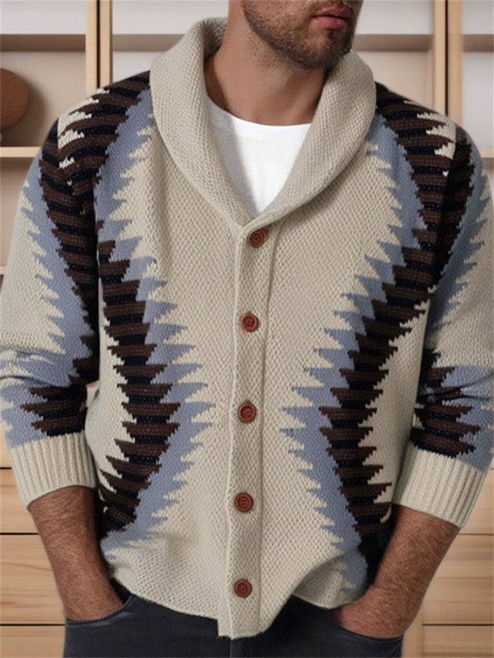 Men's Retro Contrast Color Autumn Jacquard Lapel Cardigan Sweaters