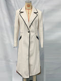 Women's Trendy White Contrast Trim Lapel  Single Breasted Long Suit Coat