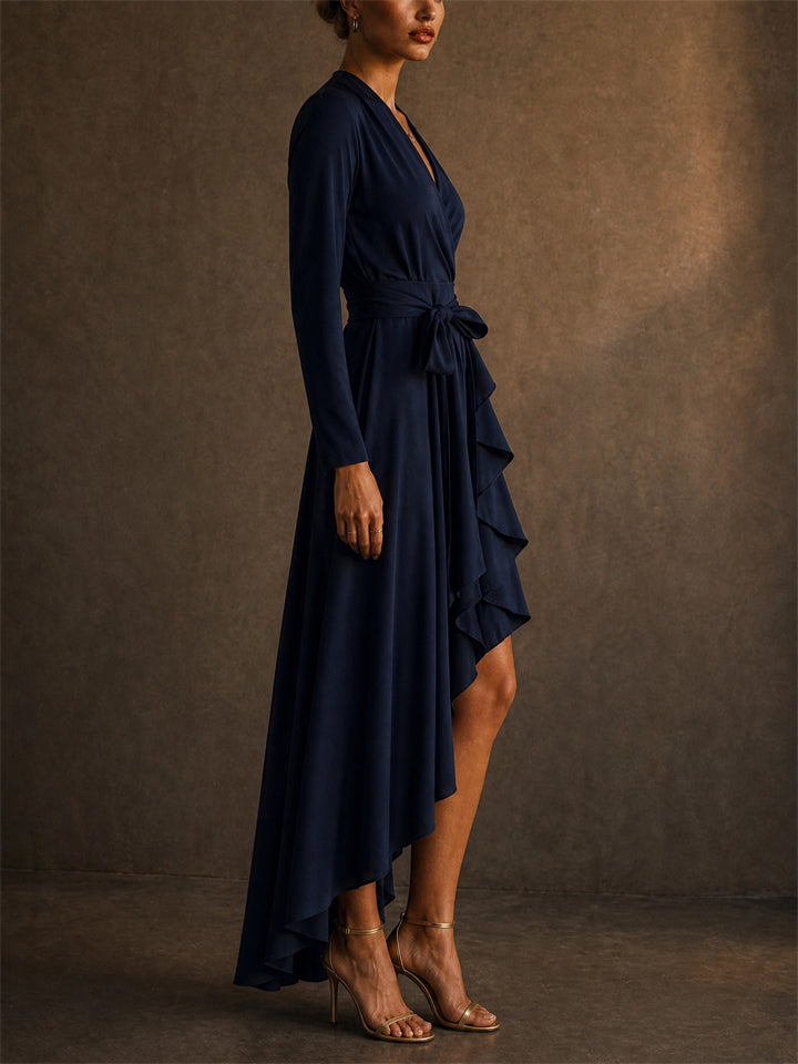 Women Long Sleeve Wrap High Low Ruffle Evening Dress