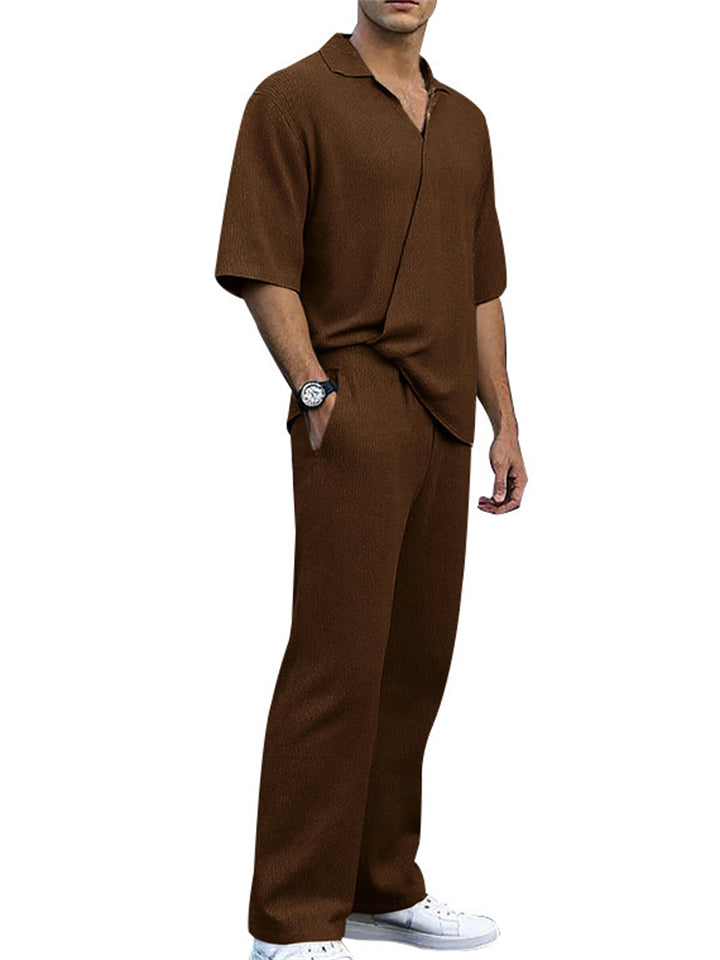 Men's 2 Pcs Summer Solid Color Lapel Top & Pants Set