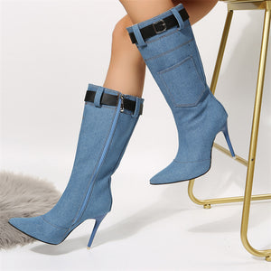 Women's Pointed Toe Belt Buckle Zipper Denim High Heel Boots