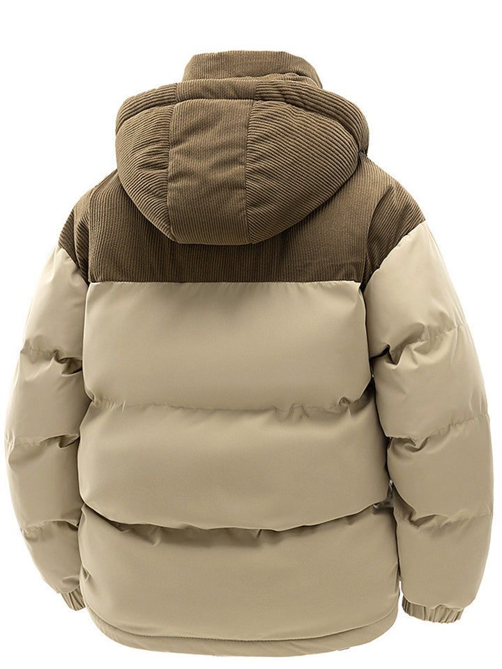 Unisex Winter Contrast Color Corduroy Patchwork Hooded Padded Coats