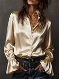 Women's Elegant Satin Blouse Long Sleeve Button Up Shirts