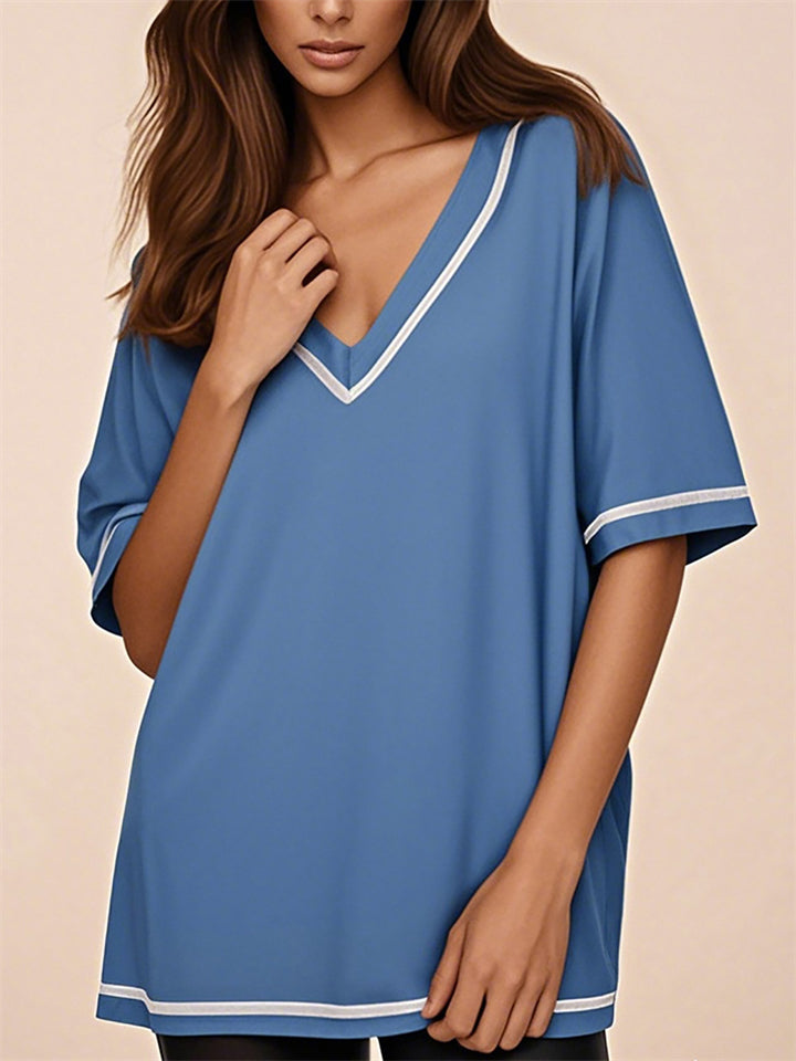 Summer Women's Contrast Color Casual V Neck T-shirts