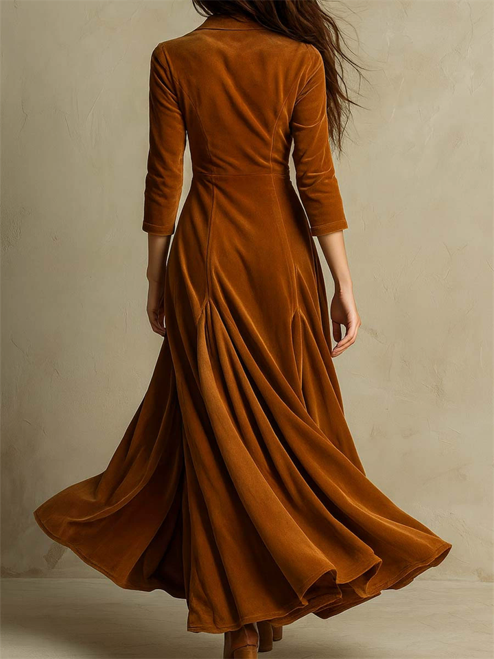 ‌Brown Elegant Velvet Lapel Maxi Dress for Women with Button Design‌